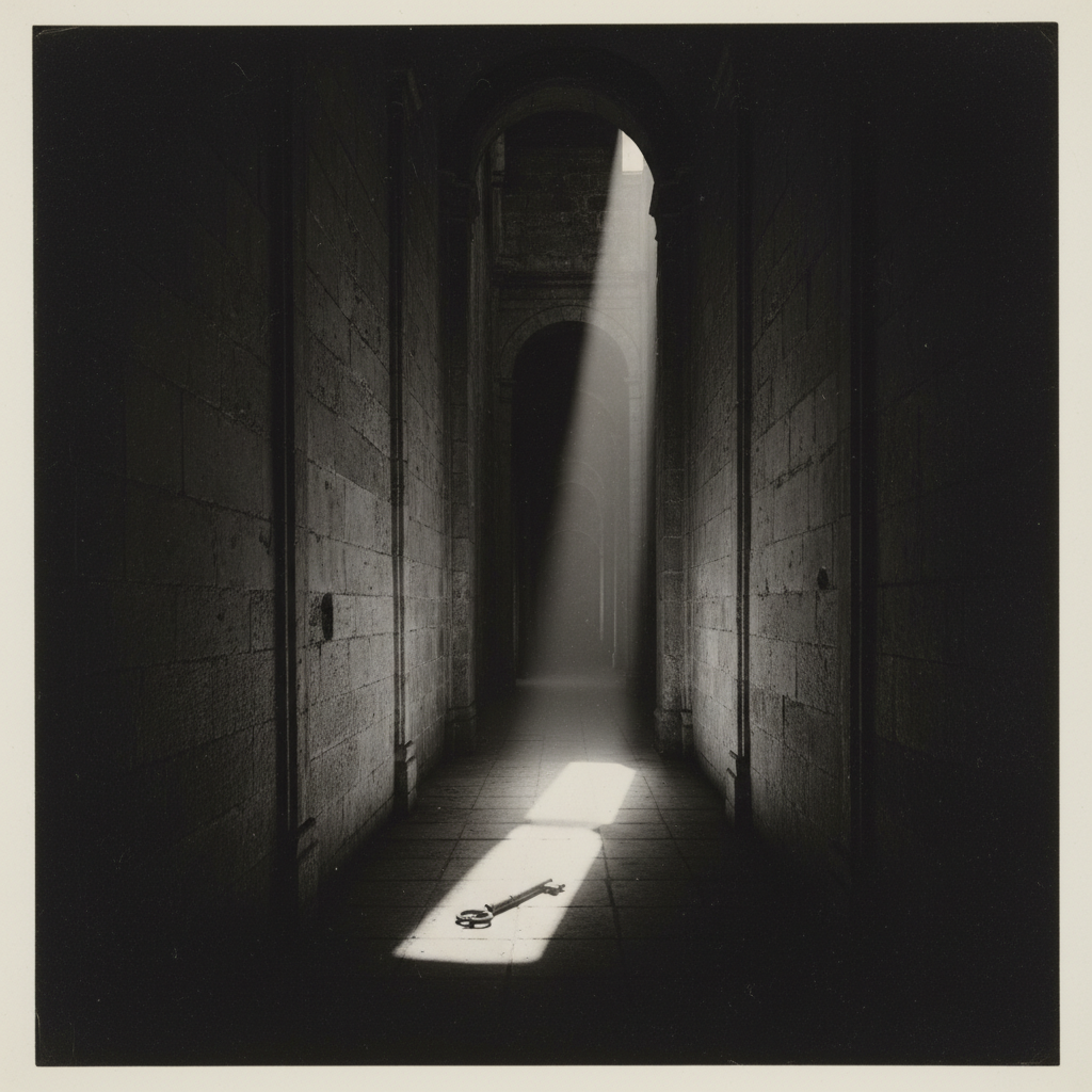 A shot of a dark, narrow corridor between two high stone walls in the palace, the floor covered in shadow except for a s