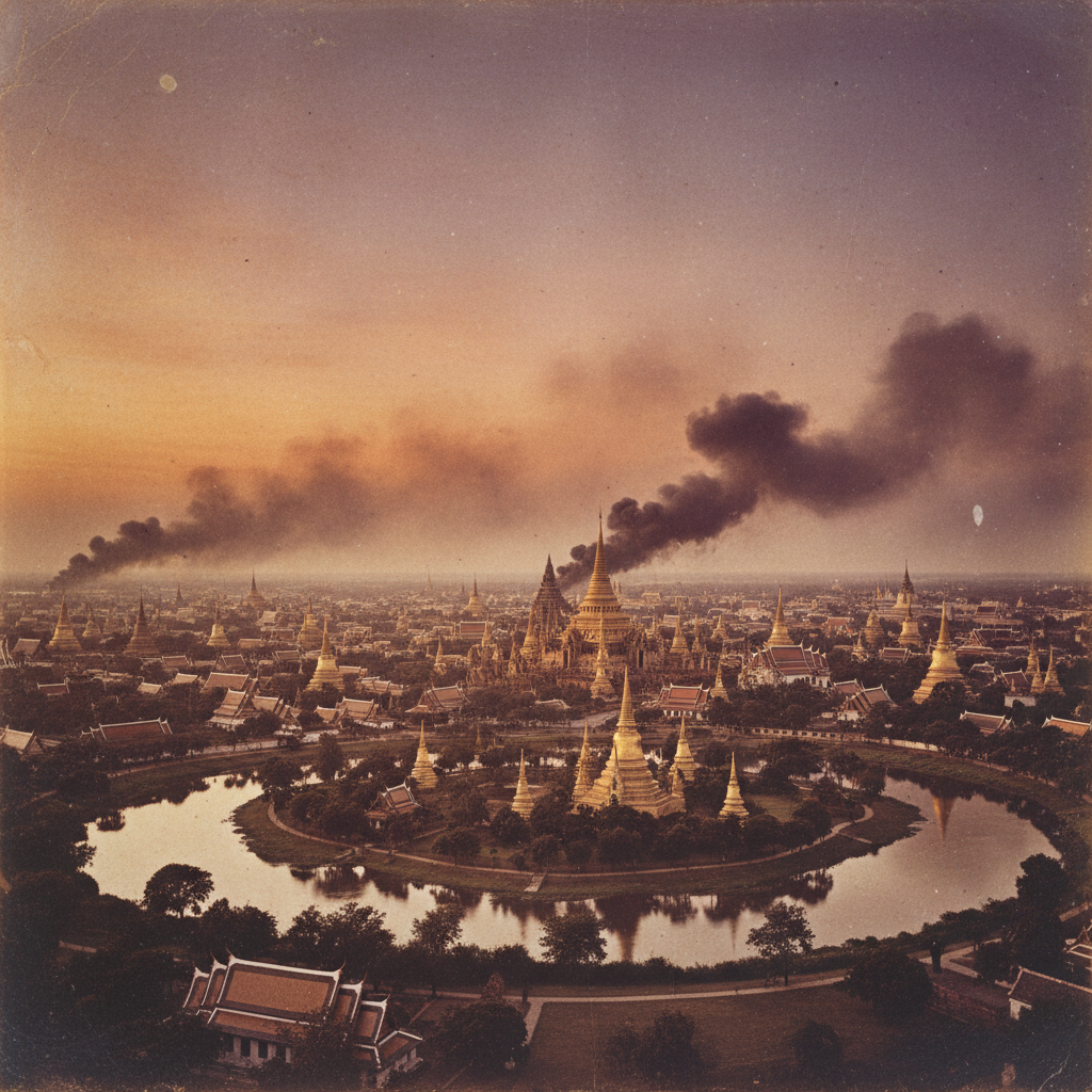 A wide, cinematic shot of the Ayutthaya skyline at sunset, 1767, with hundreds of golden spires reflecting in the surrou