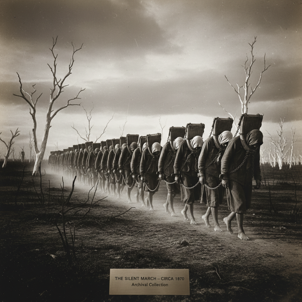 A long, tethered line of prisoners, their necks joined by heavy wooden yokes, shuffling through a landscape of scorched 