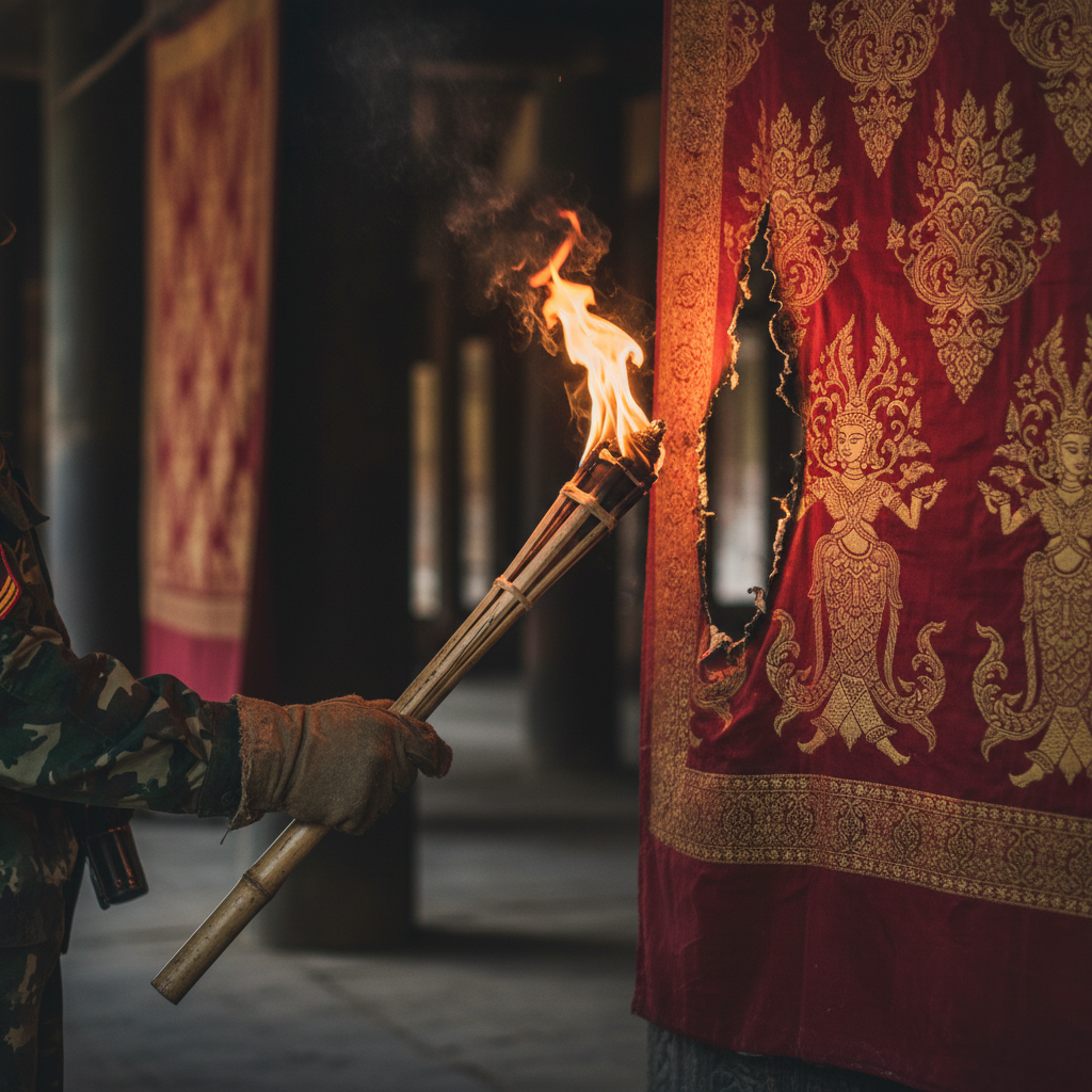 A close-up of a Burmese soldier’s hand holding a torch against a heavy silk hanging, the fire beginning to eat through a