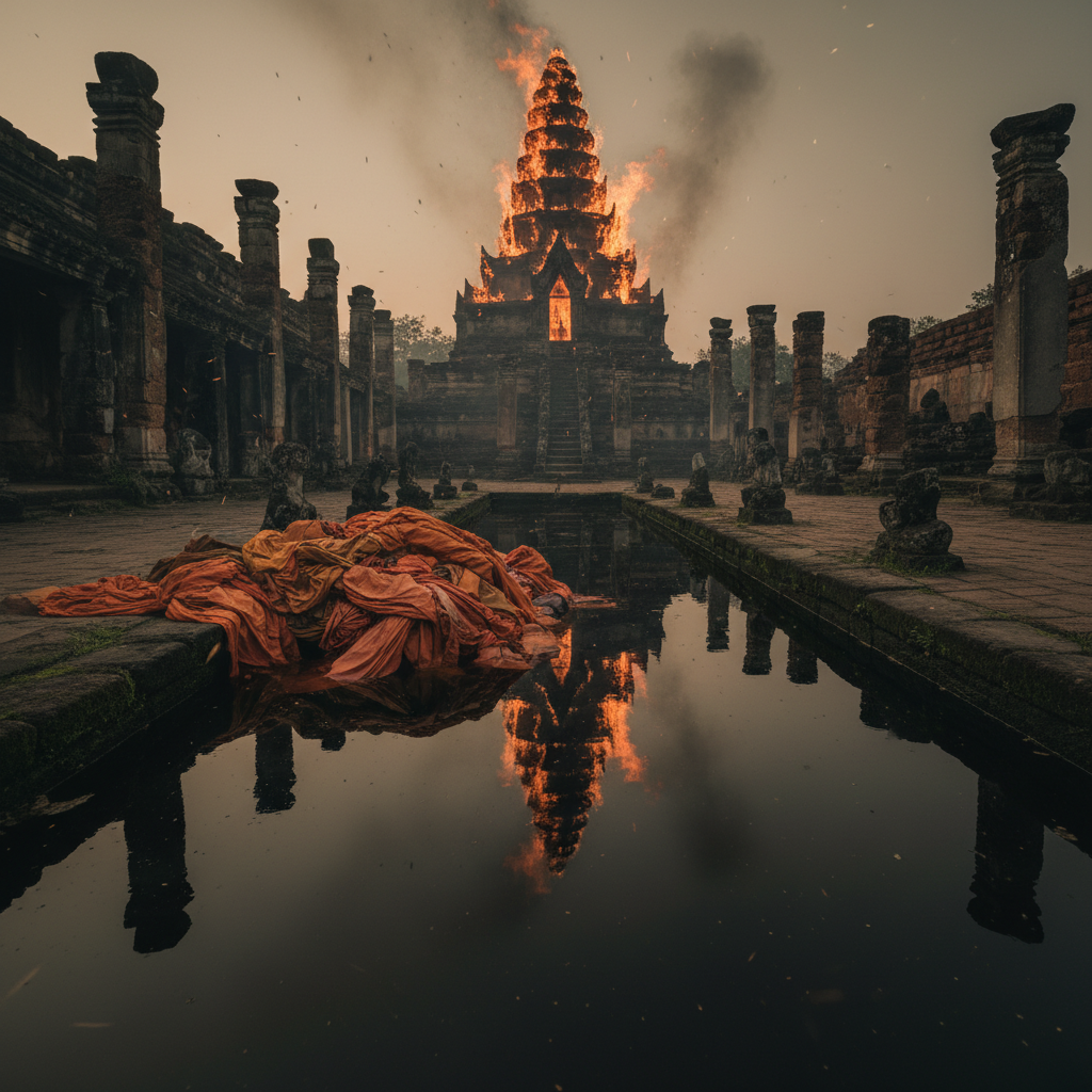 A pile of discarded saffron robes lying in a pool of dark water in a temple courtyard, with the silhouette of a burning 