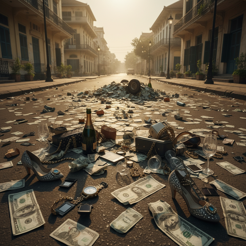 An empty Phnom Penh street littered with abandoned paper currency and discarded luxury items, the harsh afternoon sunlig