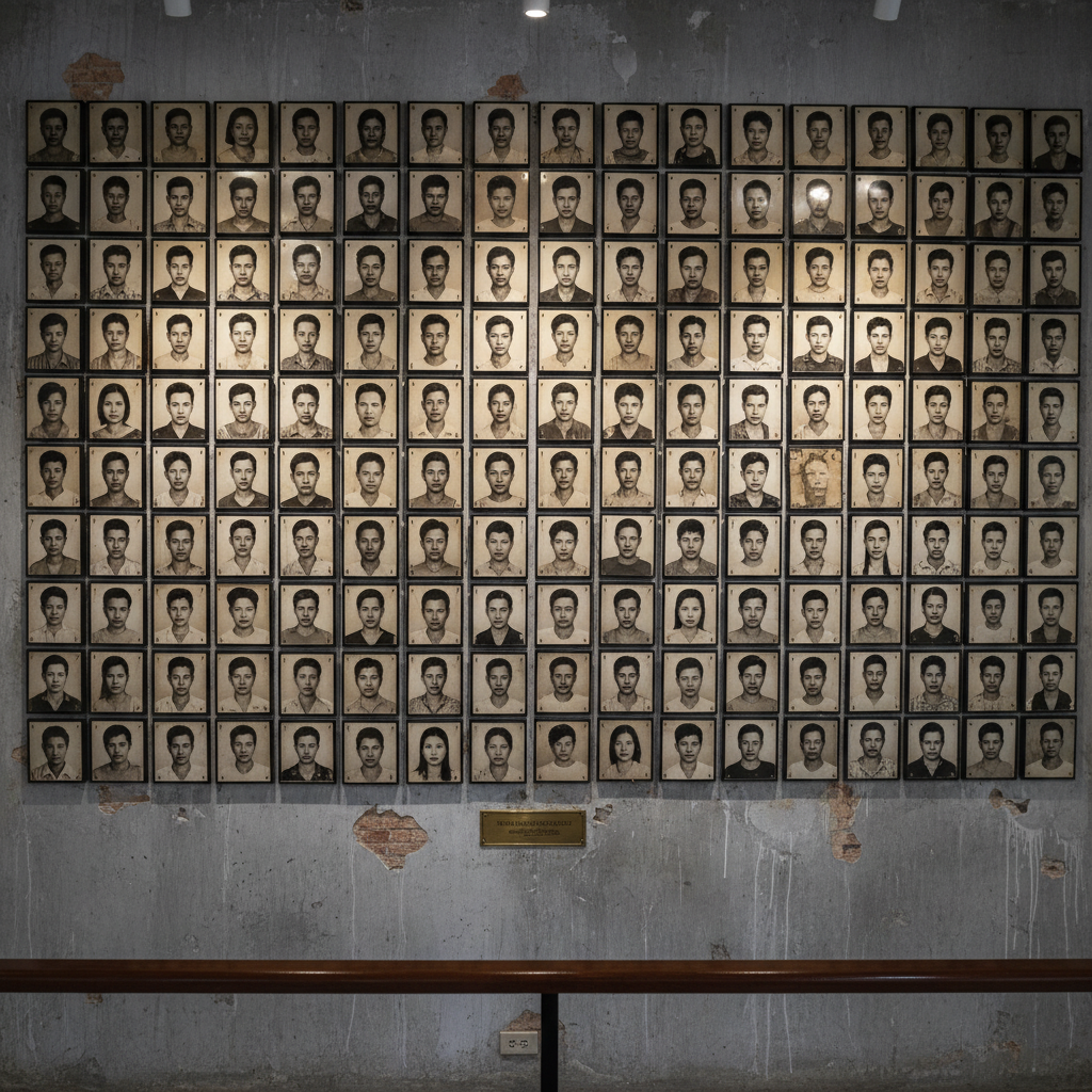 A wall of hundreds of black and white mugshots from Tuol Sleng, a mosaic of faces ranging from defiance to total hollow-
