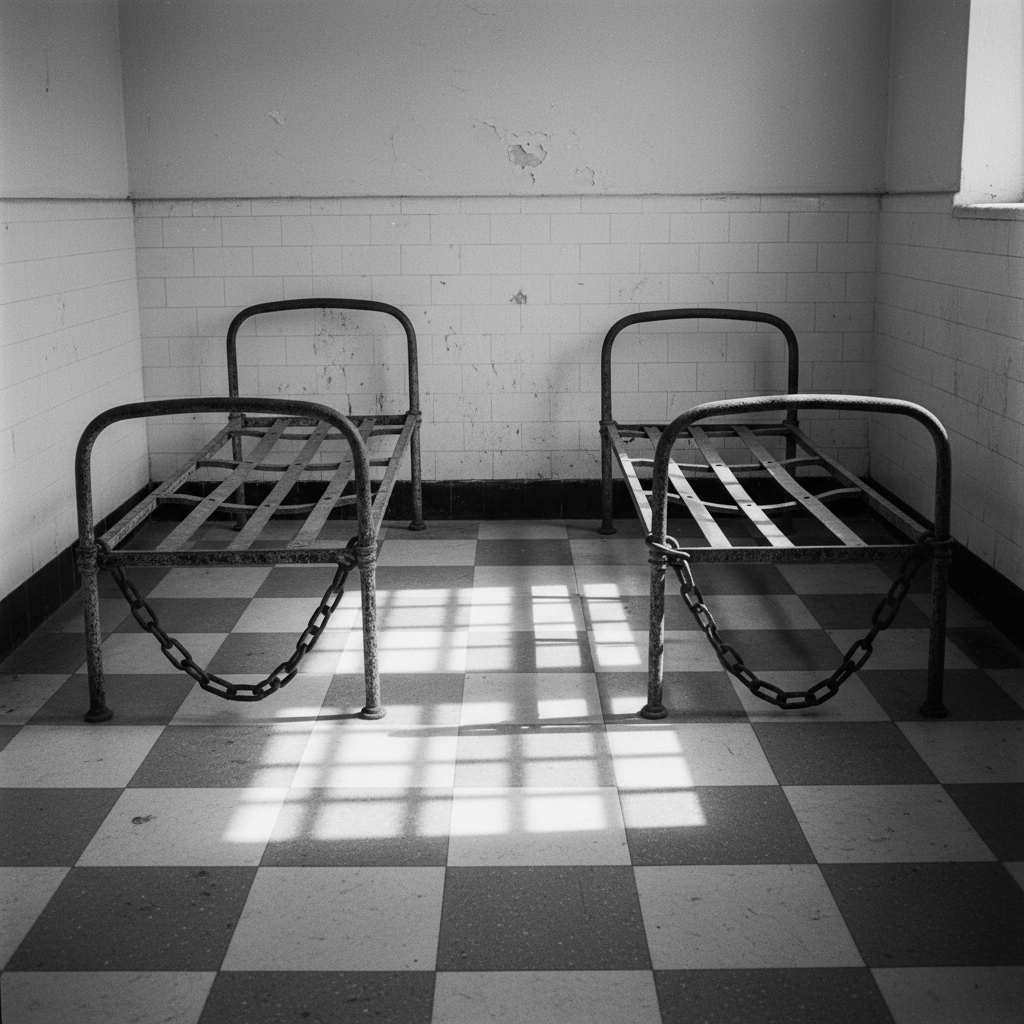 The rusted iron bed frames and heavy shackles inside a stark, tiled cell at the S-21 prison, long shadows of the bars st