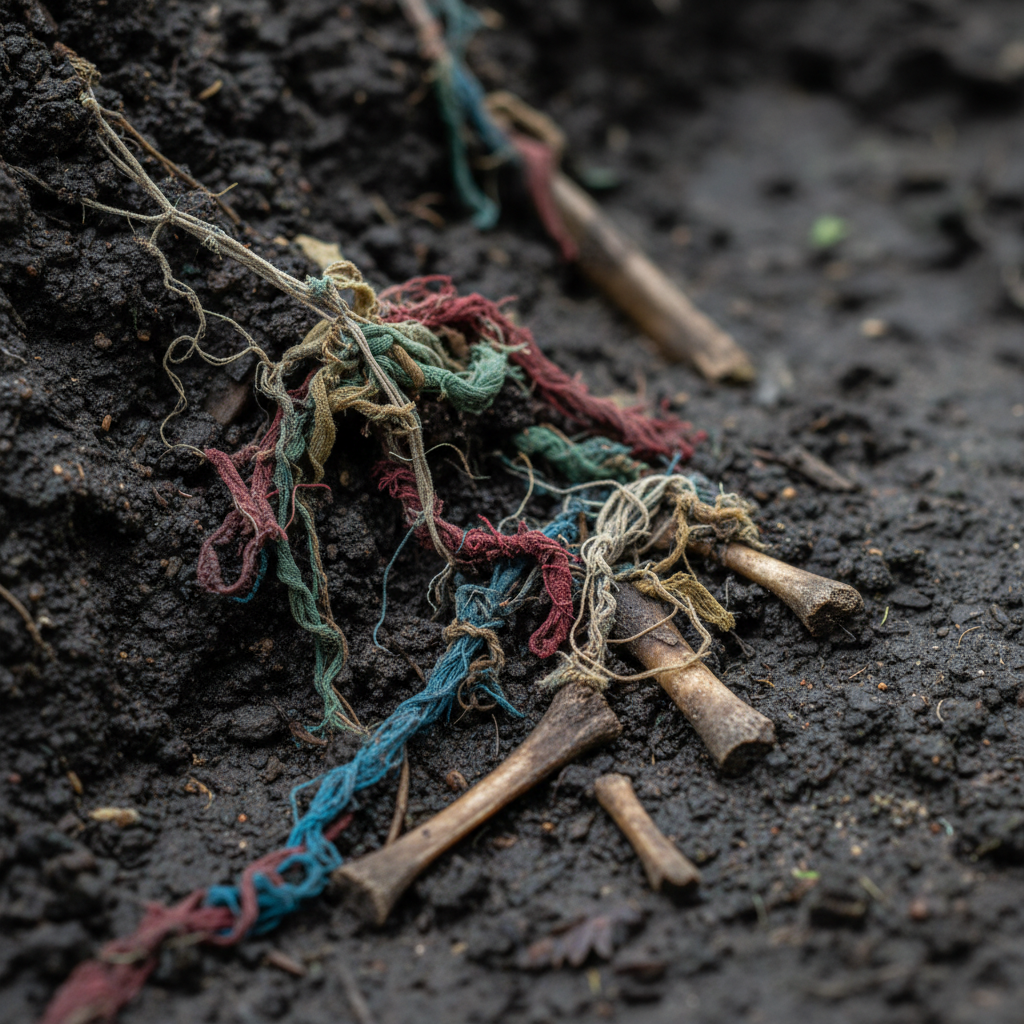 A close-up of the damp soil at Choeung Ek, where threads of colorful clothing and small, smooth bone fragments are parti