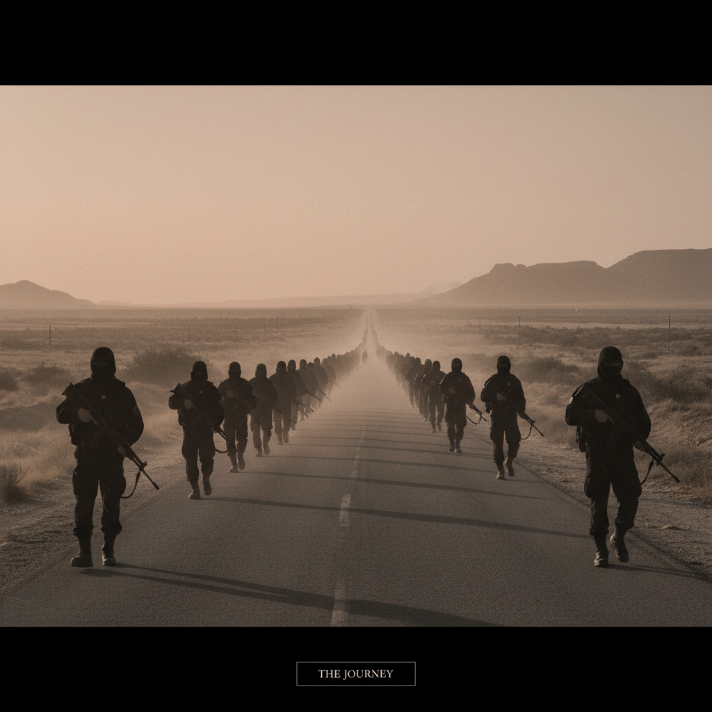 A column of refugees stretching toward the horizon, their silhouettes blurred by the heat haze of the rural road, guarde