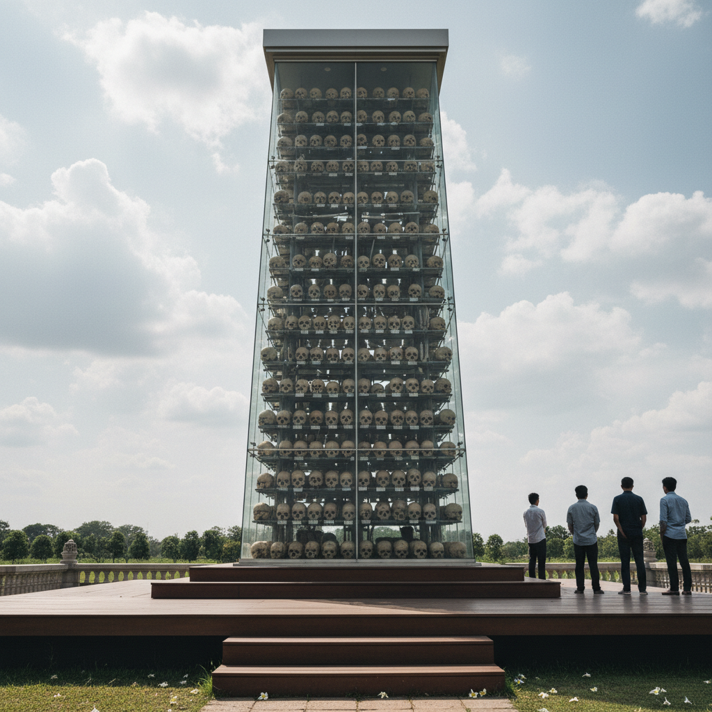 A wide shot of the memorial stupa at Choeung Ek, its glass walls rising toward the sky, filled with thousands of skulls 