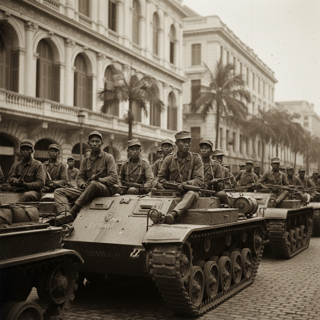A black and white photograph of young Khmer Rouge soldiers entering Phnom Penh on tanks, their faces stern and alien, se