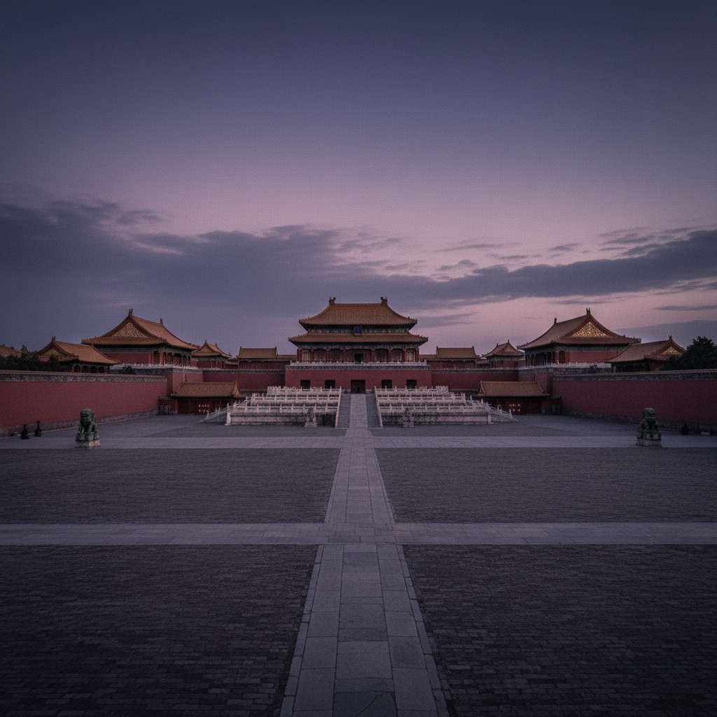 A wide shot of the Forbidden City at dusk, the yellow roof tiles glowing against a bruised purple sky, capturing the imm