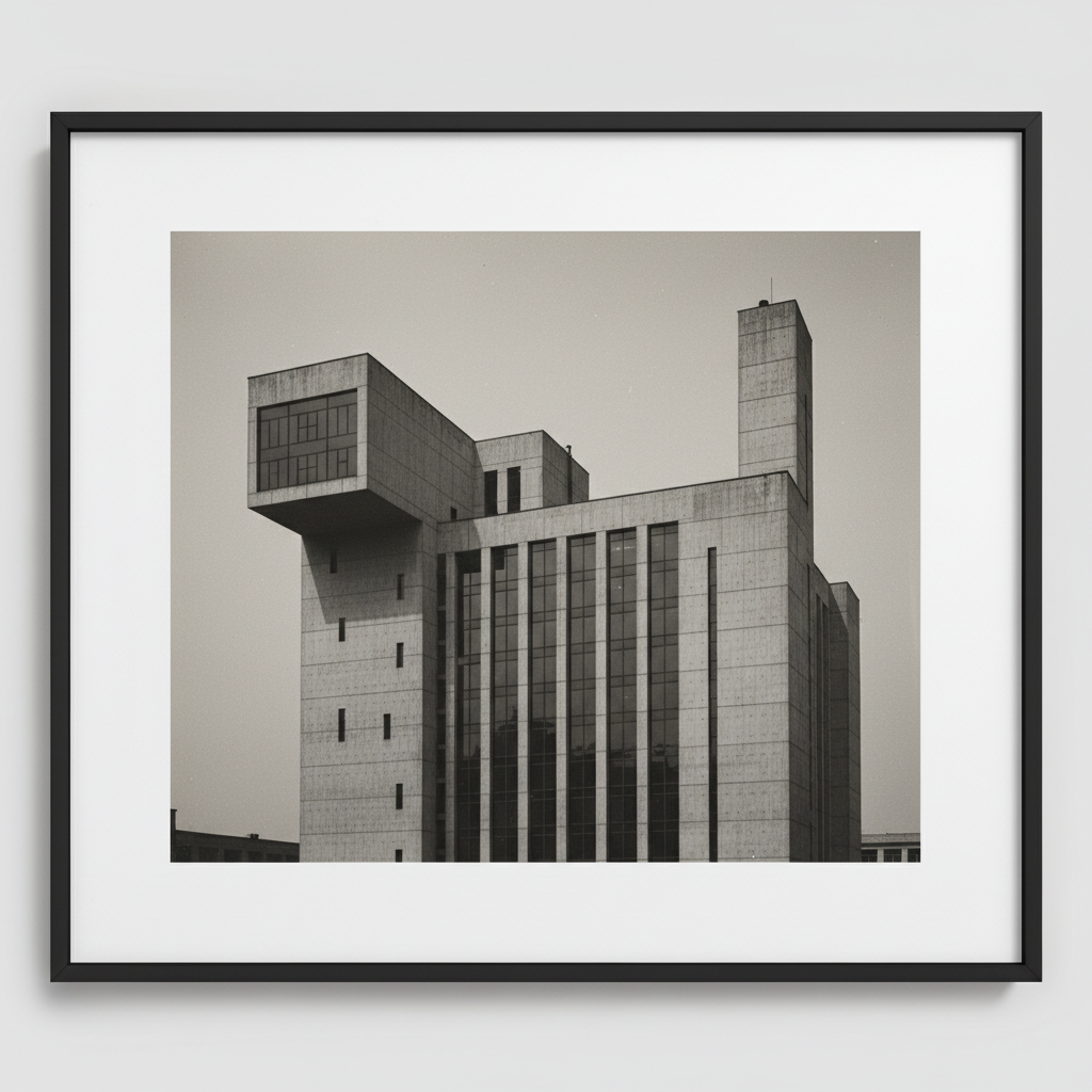 A stark, modernist building facade in Changchun under a gray sky, cold and imposing, representing the functional cruelty