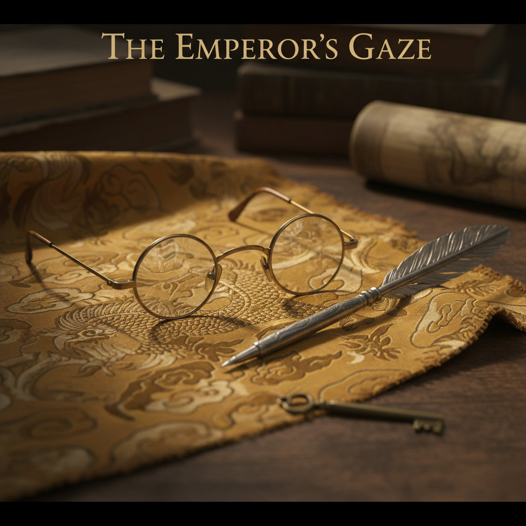 A close-up of a pair of vintage 1920s round spectacles resting on a piece of ornate yellow silk, symbolizing Puyi's tran