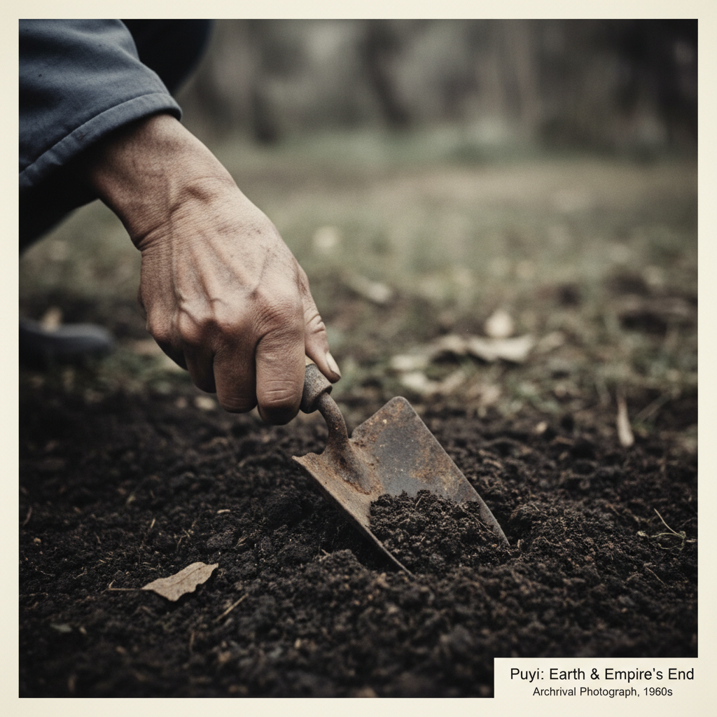 A close-up of a weathered, elderly hand holding a small trowel, pressed into dark, moist earth, signifying the finality 
