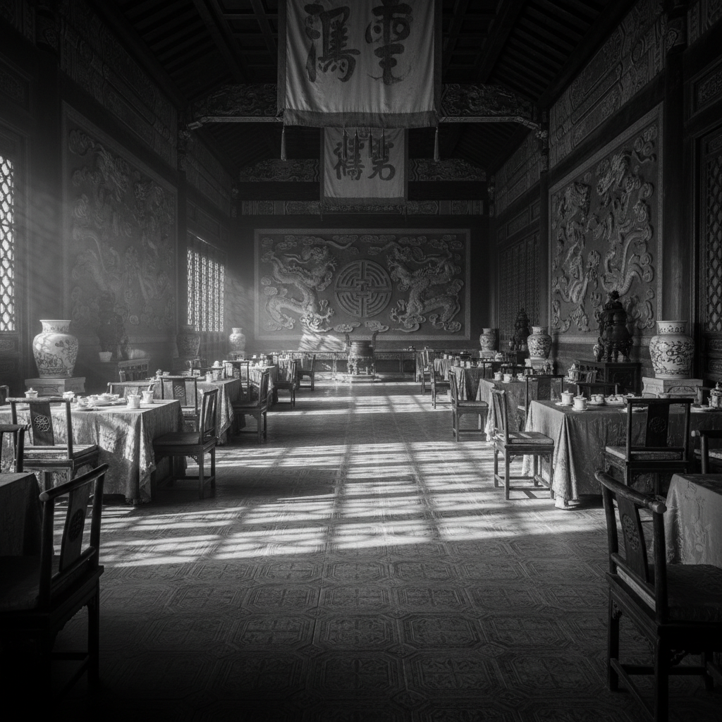 A black and white photograph of an empty, ornate banquet hall in the Forbidden City, long shadows stretching across the 