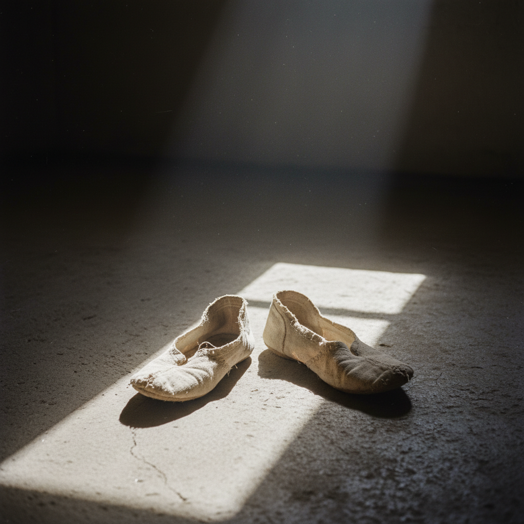 A pair of worn, simple cotton shoes sitting on a bare concrete floor, illuminated by a single harsh shaft of light from 