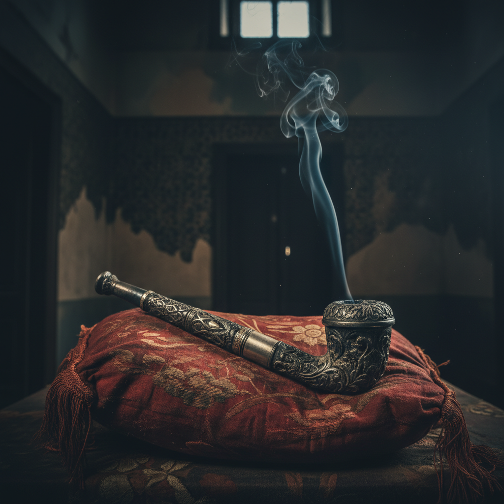 A close-up of a tarnished silver opium pipe resting on a stained silk headrest, a single wisp of smoke curling into the 