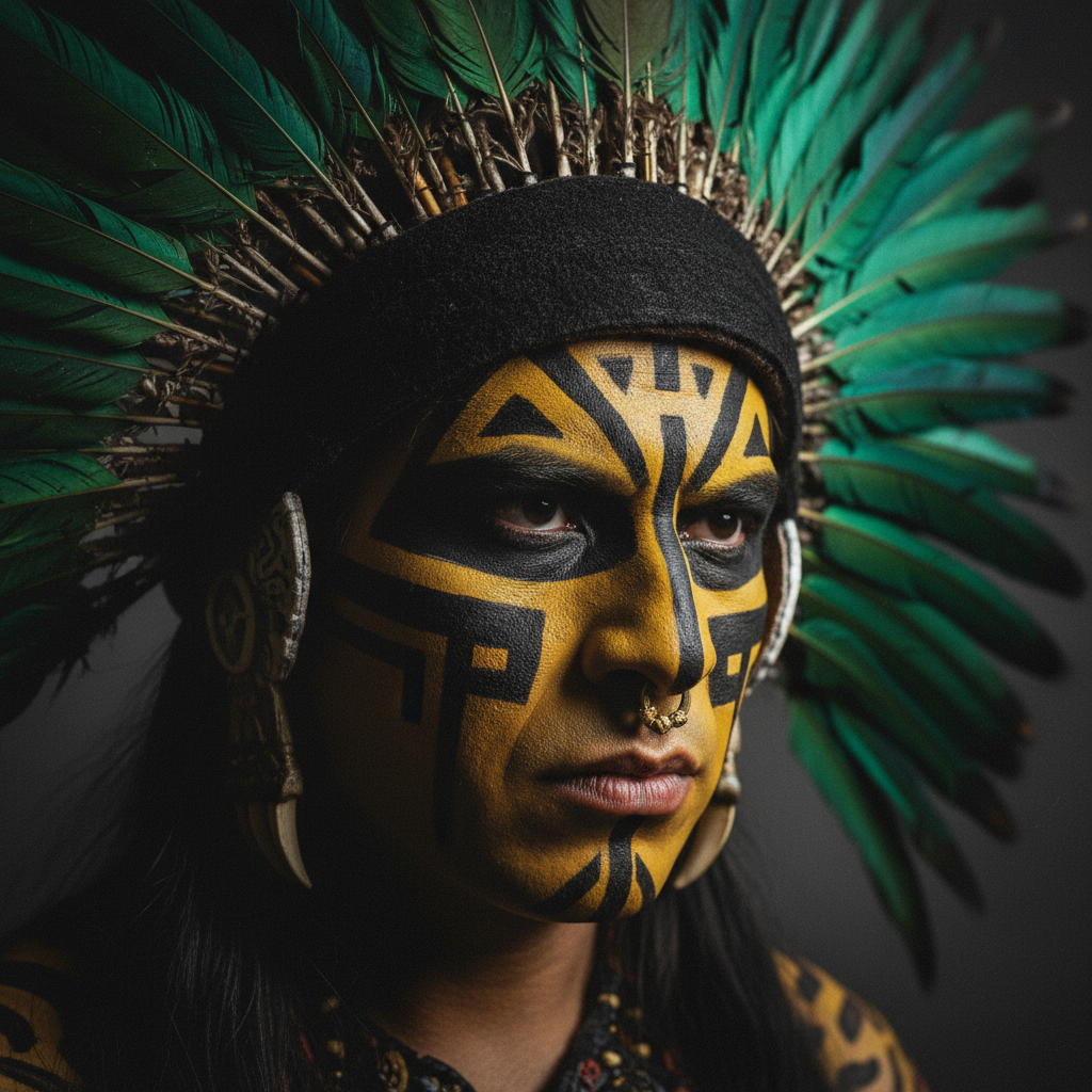 A high-contrast close-up of an Aztec warrior’s face, decorated with yellow ochre and black charcoal, his eyes fixed with