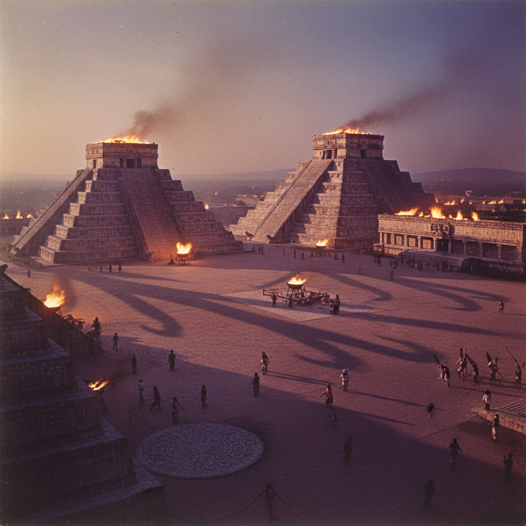 The central plaza of Tenochtitlan at dusk, the white stone of the buildings reflecting the orange glow of the temple fir