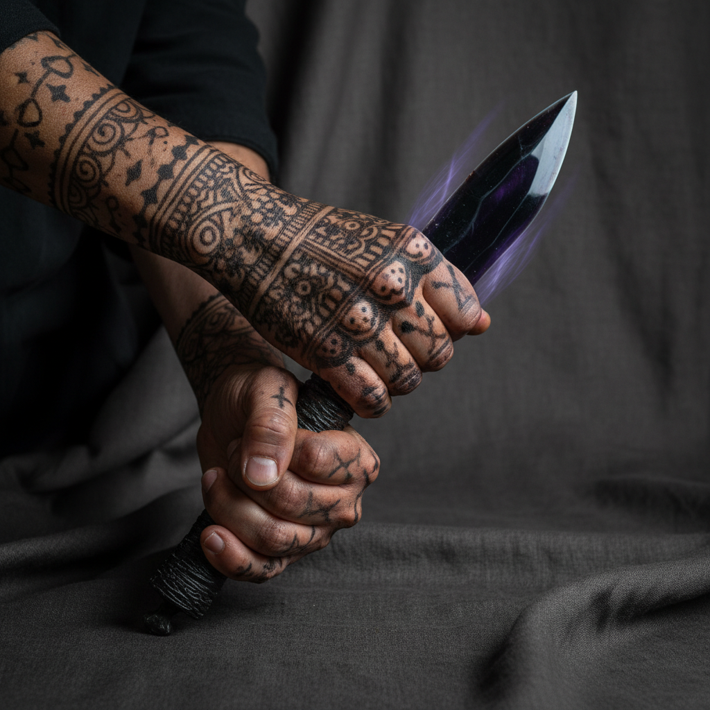 A close-up of a sacrificial priest’s hands, the skin stained dark with henna and old blood, gripping the hilt of an obsi