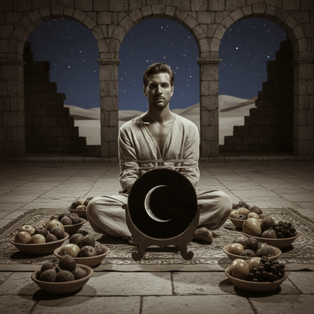 A captive sits in a moonlit courtyard, his skin glowing with scented oils, surrounded by clay bowls of exotic fruits and