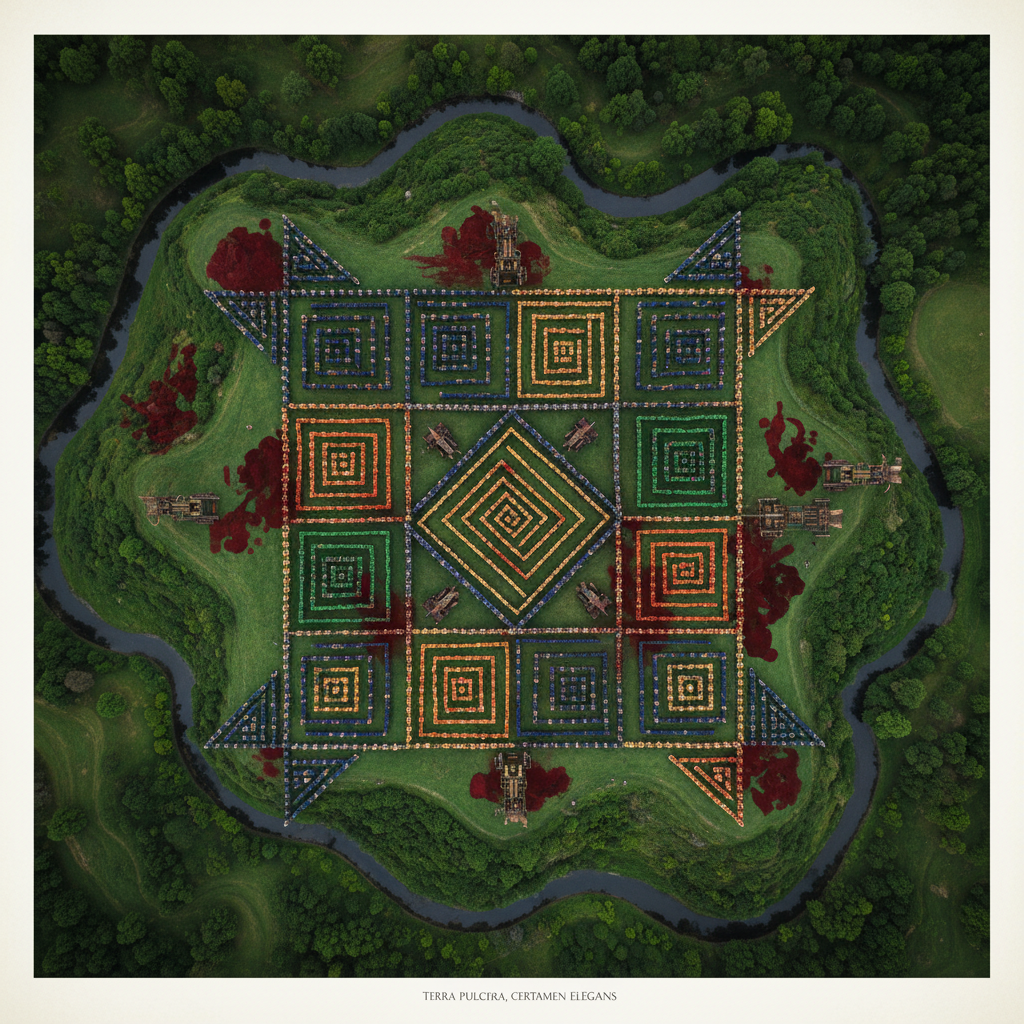 An overhead shot of the battlefield, showing the geometric formations of warriors in vibrant colors, the earth stained i