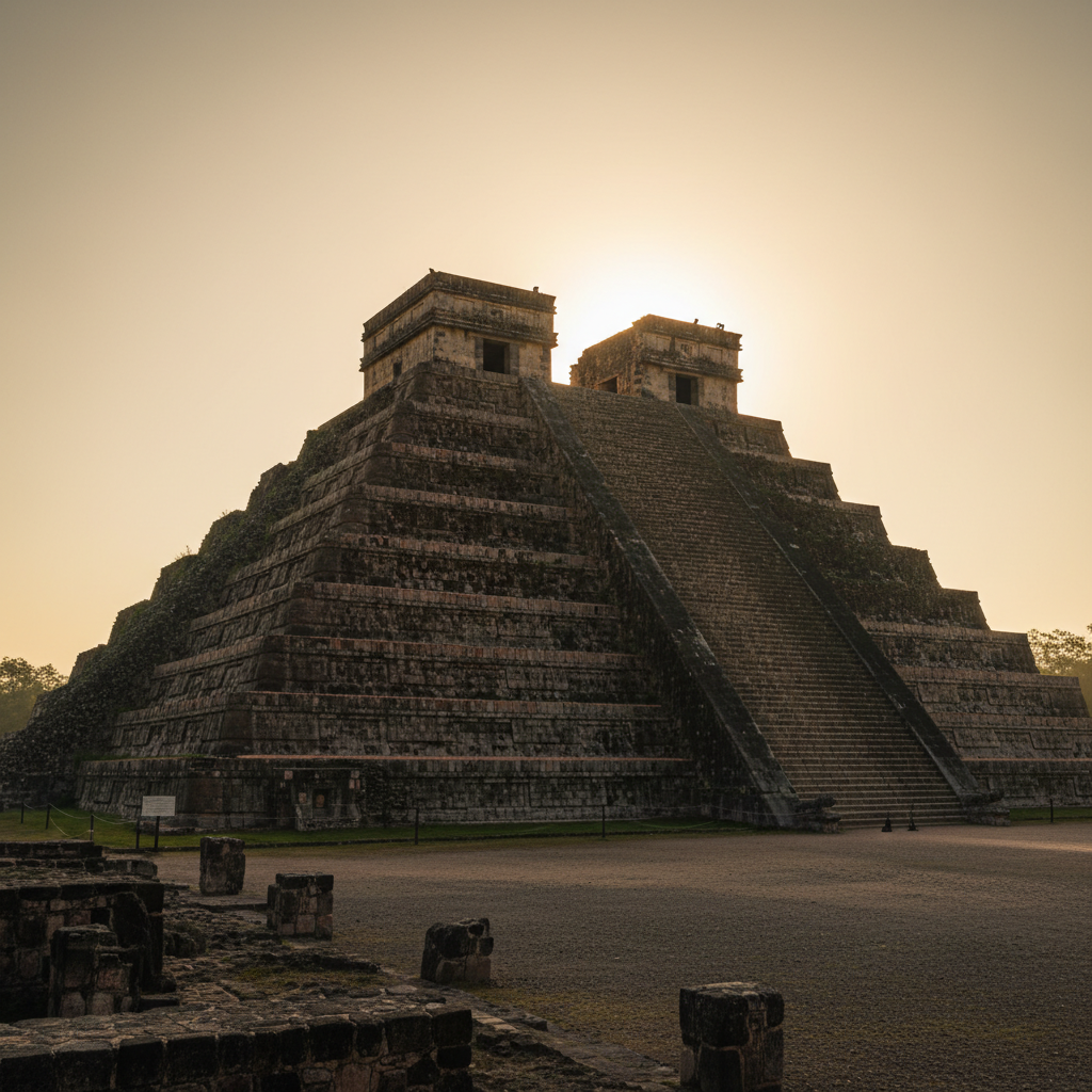 A wide, low-angle shot of the Templo Mayor, its twin sanctuaries draped in shadow against a searing morning sun, the ste