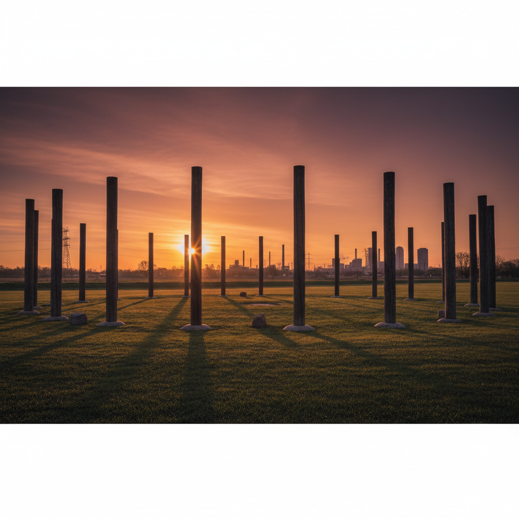 A modern-day view of the "Woodhenge" at Cahokia, the circle of reconstructed cedar posts casting long, thin shadows acro