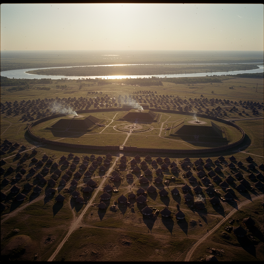 An aerial reconstruction of the Grand Plaza at sunset, the massive earthen mounds casting long shadows over thousands of