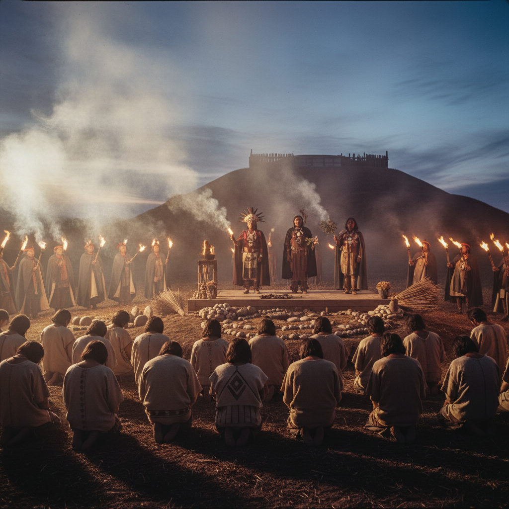 A reconstruction of a sacrifice at Mound 72, the air thick with the smoke of sacred tobacco, the silent rows of the cond