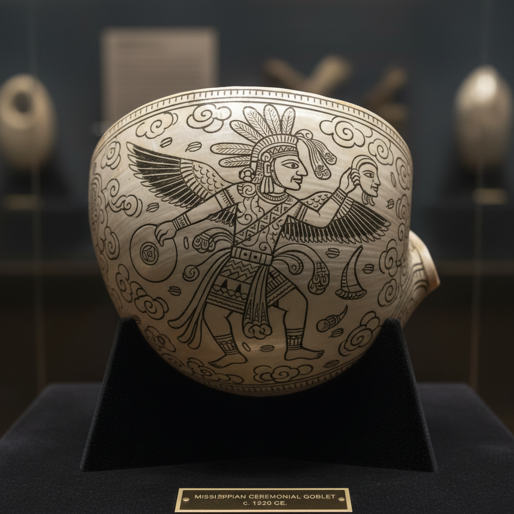 A detailed view of a ceremonial shell drinking cup, its surface etched with the image of a winged warrior holding a seve