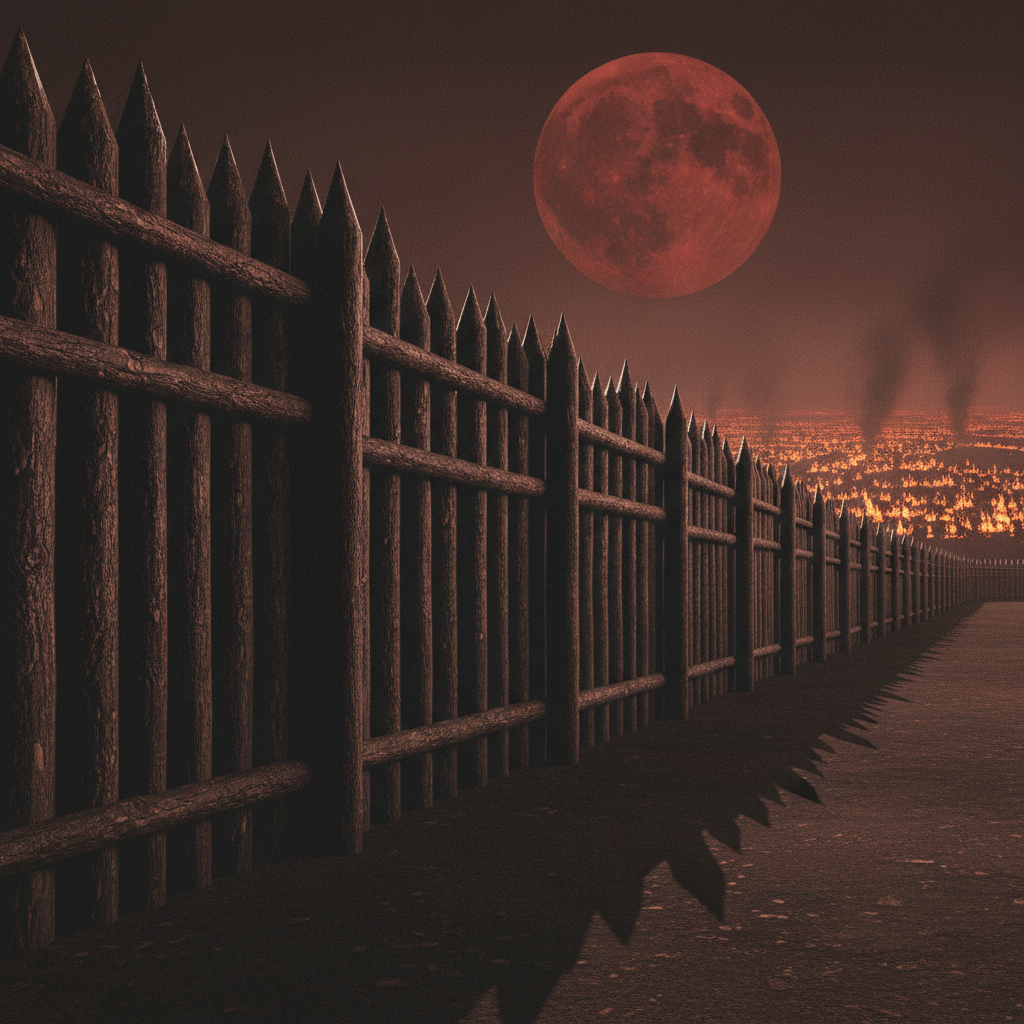 An artist’s rendering of the Palisade at night, the jagged tops of the oak logs silhouetted against a red moon, with the