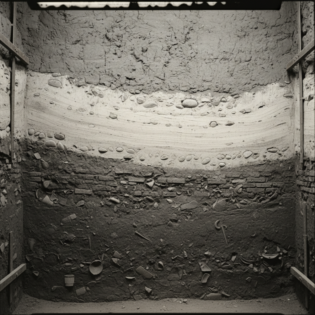 A cross-section of an archaeological trench, showing the dark, rich "culture layer" of the city’s peak being overtaken b
