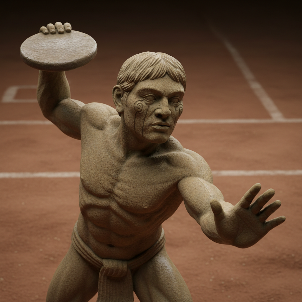 A close-up of a carved stone chunkey player, his face tattooed with weeping eye motifs, muscles tensed as he prepares to