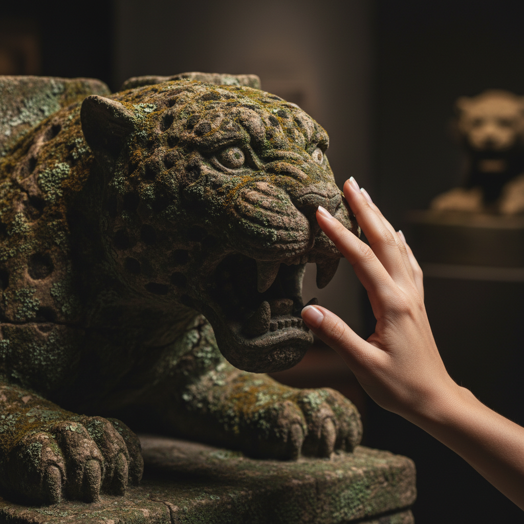 A close-up of a hand touching a weathered, mossy stone carving of a jaguar.