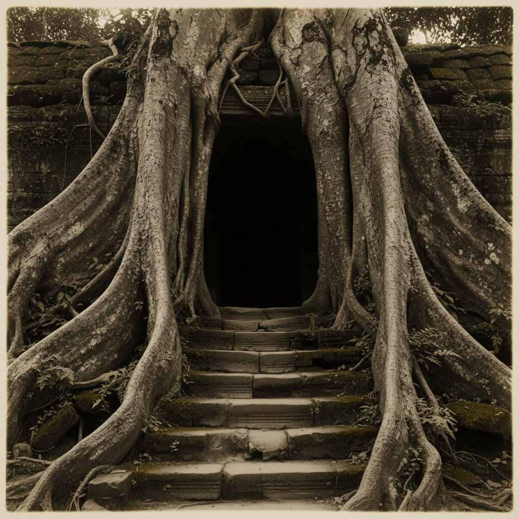 A long shot of a stone staircase leading into darkness, framed by the massive, twisted roots of a tropical tree.