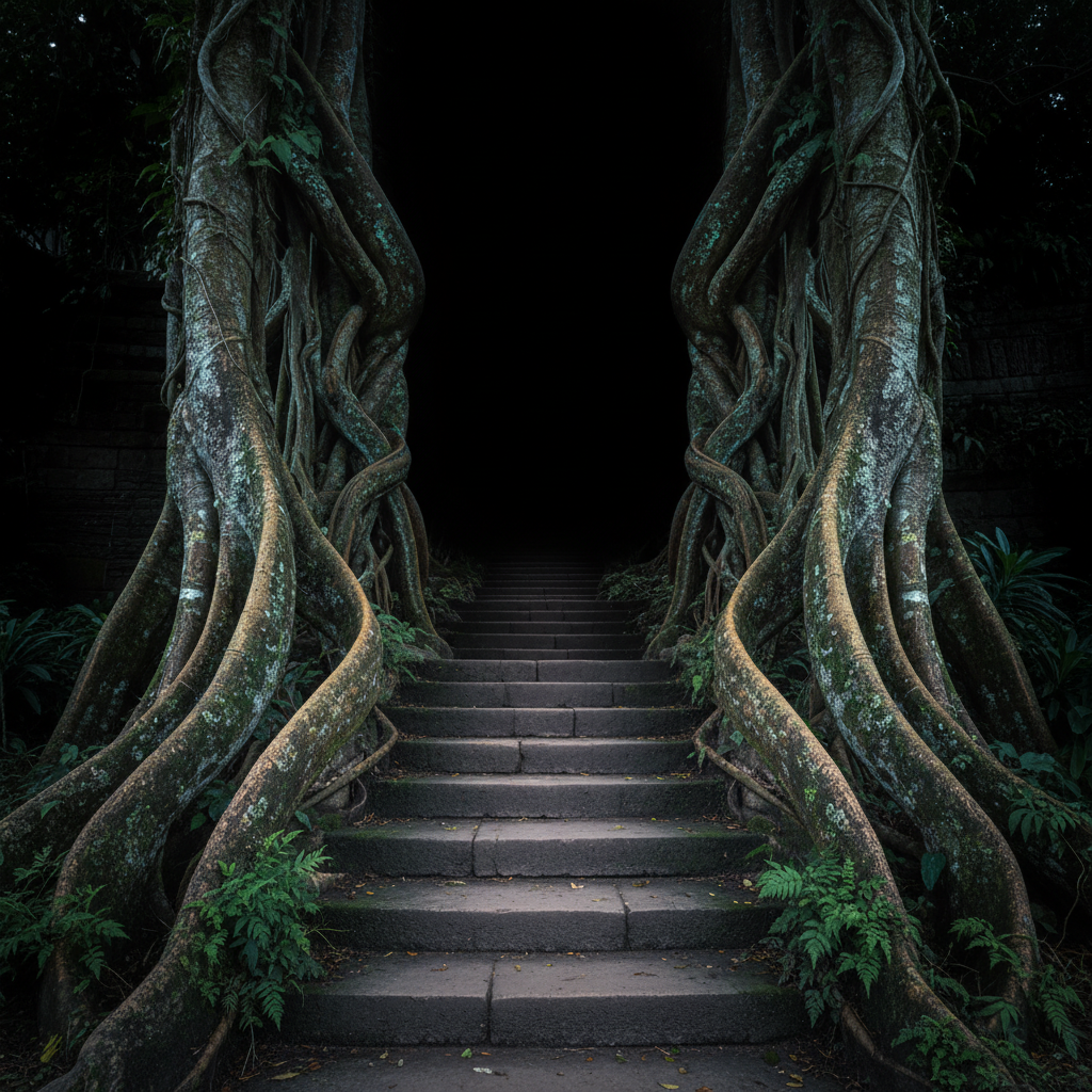 A long shot of a stone staircase leading into darkness, framed by the massive, twisted roots of a tropical tree.