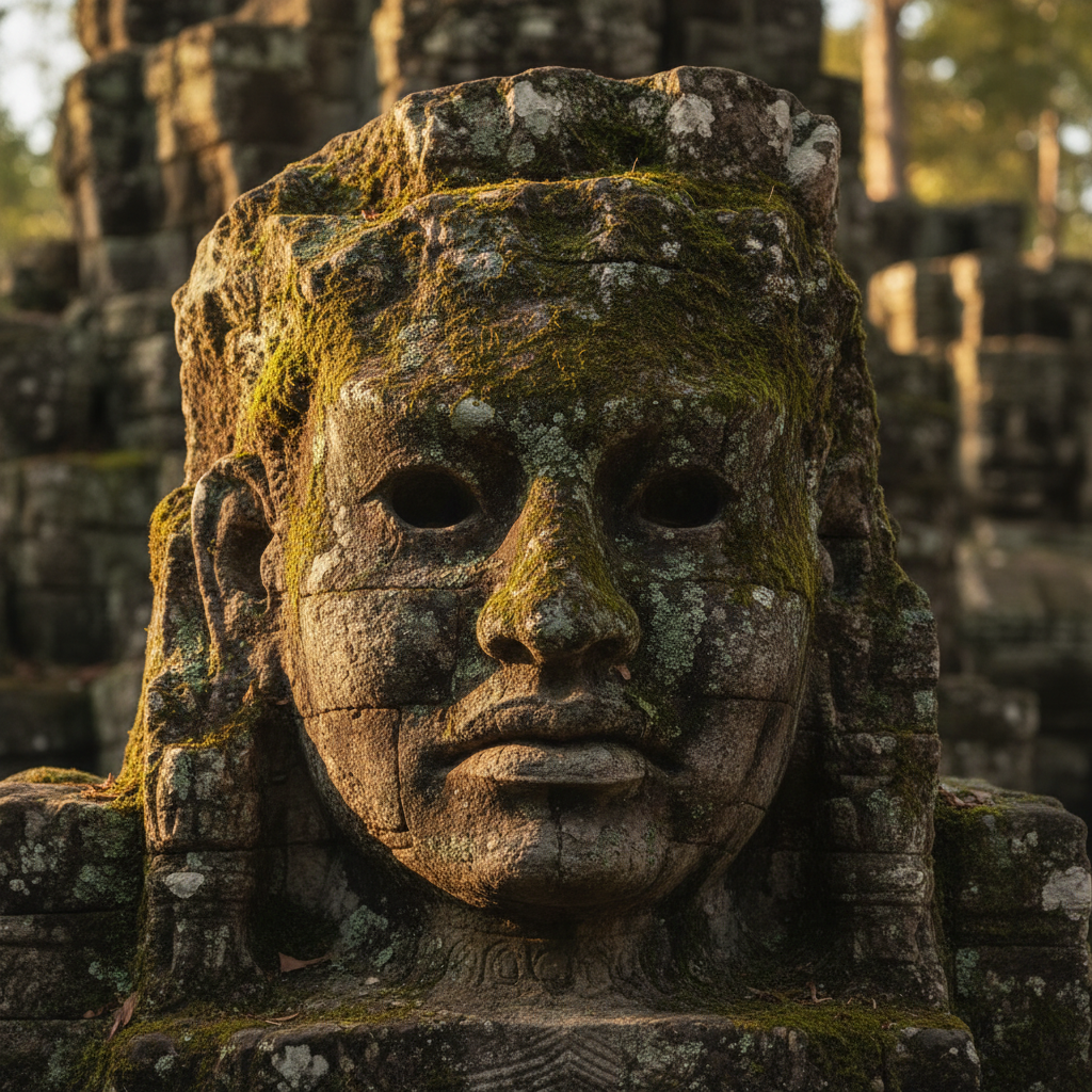 A close-up of a weathered stone face with deep-set eyes, partially covered in moss, glowing in the late afternoon sun.