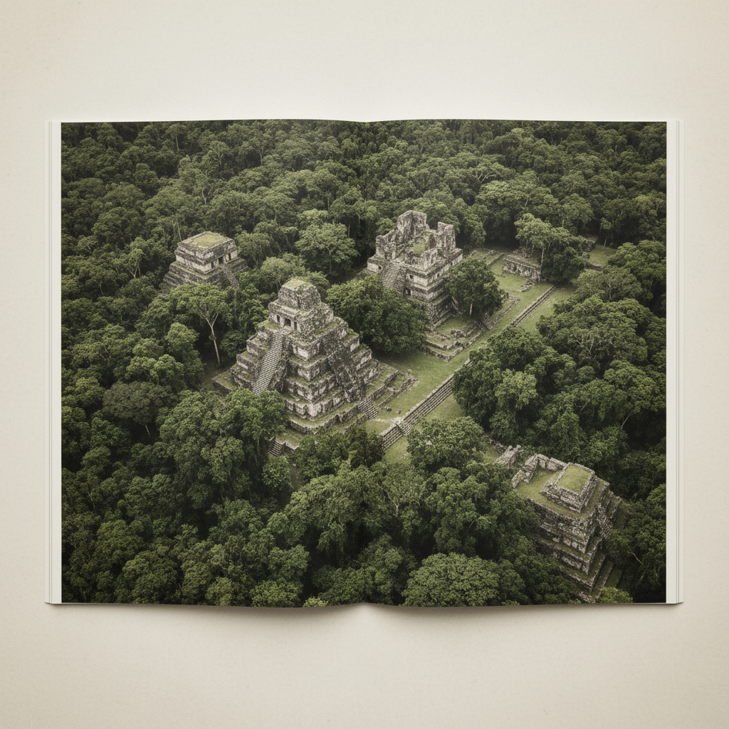 An aerial view of a sprawling ruin swallowed by thick jungle, the grey stone peaks barely visible through the canopy.