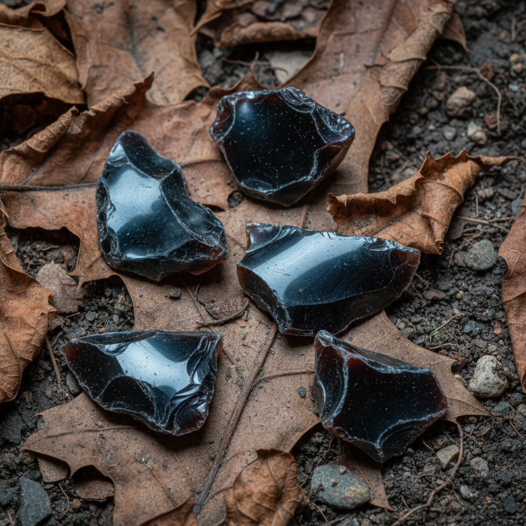 A macro shot of shattered obsidian blades lying among dry leaves and dirt.