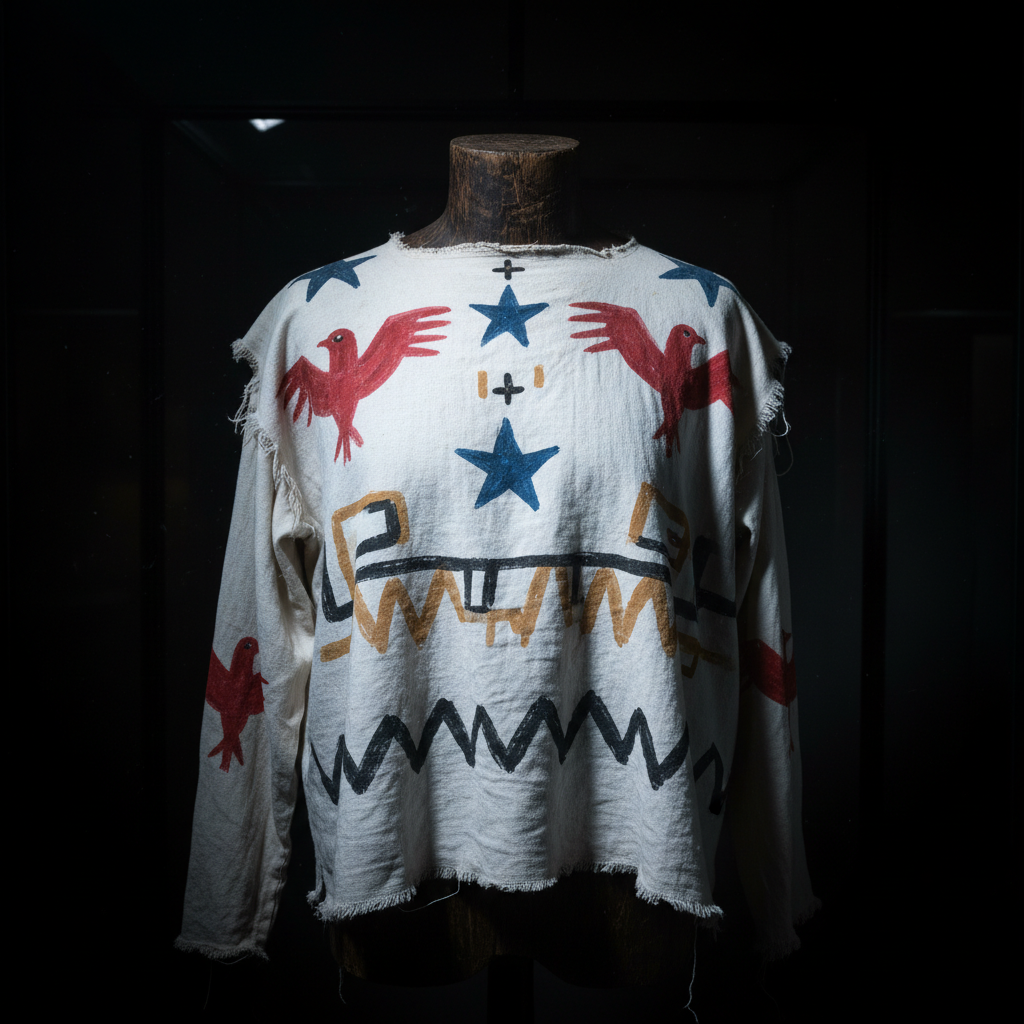 A close-up of a sacred Ghost Shirt made of white muslin, adorned with crude, vibrant paintings of red birds and blue sta
