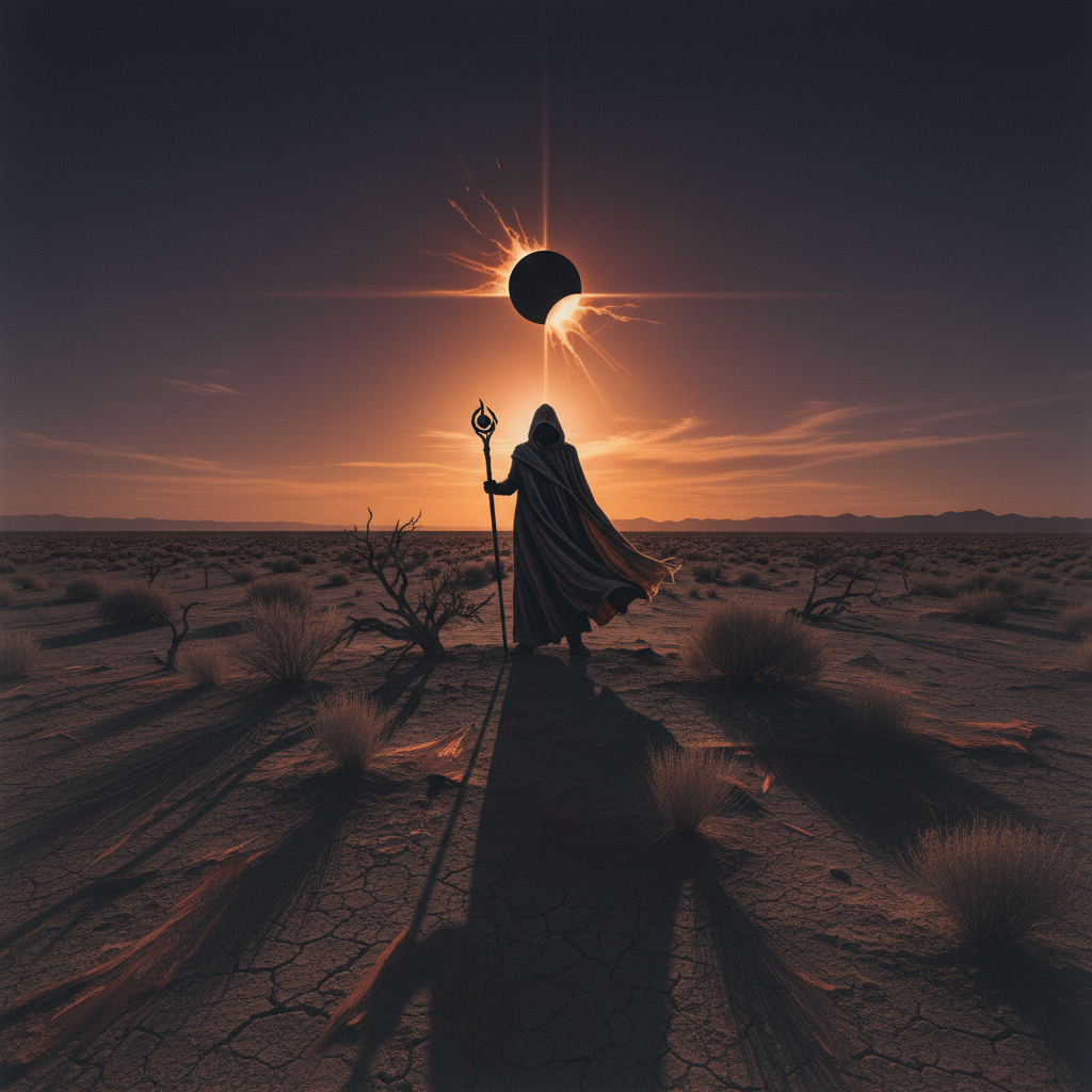 A lone, enigmatic figure stands against a vast, desolate Nevada landscape under a darkening sky, the sun partially eclip