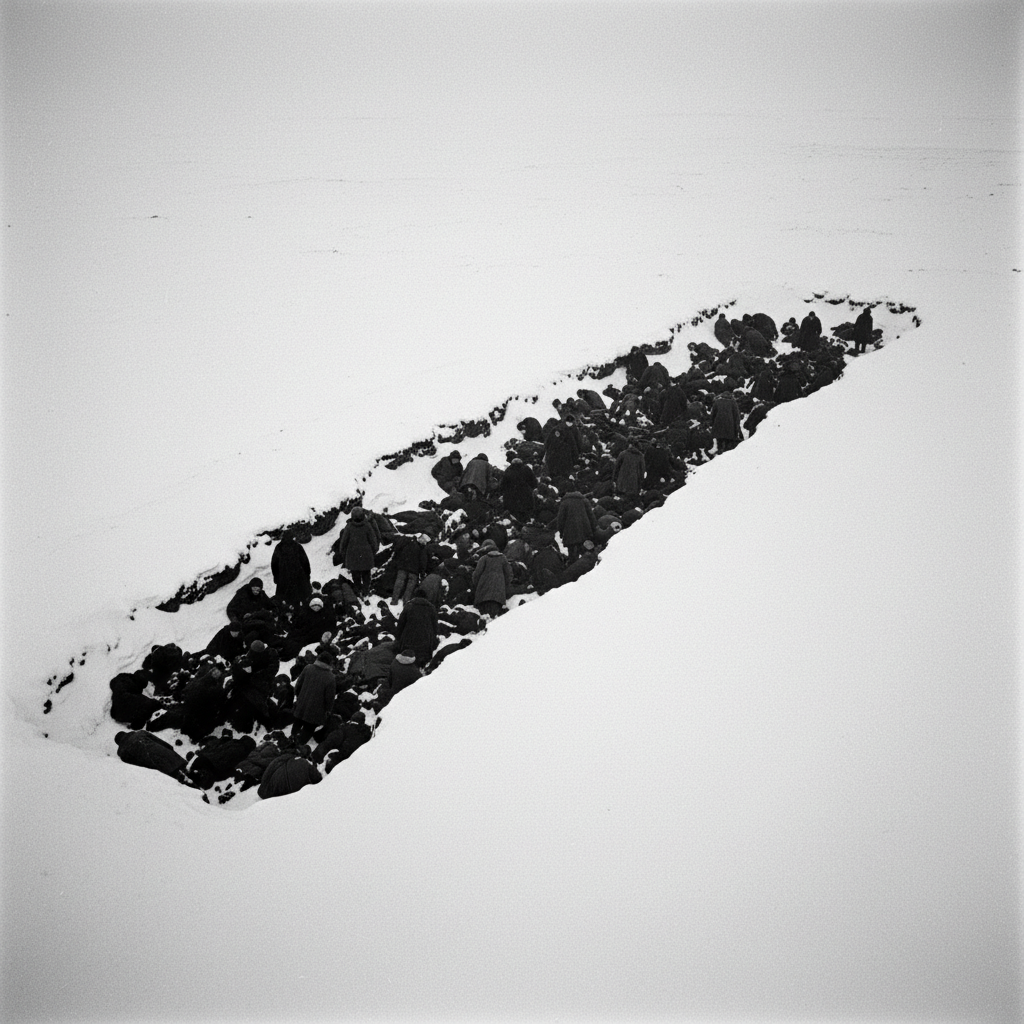 A wide, black-and-white aerial view of the mass grave, a long, dark scar in the white landscape, filled with a tangled h