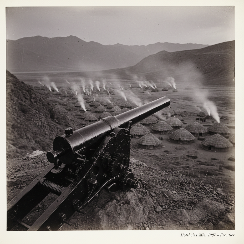 A long, black barrel of a Hotchkiss mountain gun positioned on a ridge, its mechanical gears glistening with grease, ove