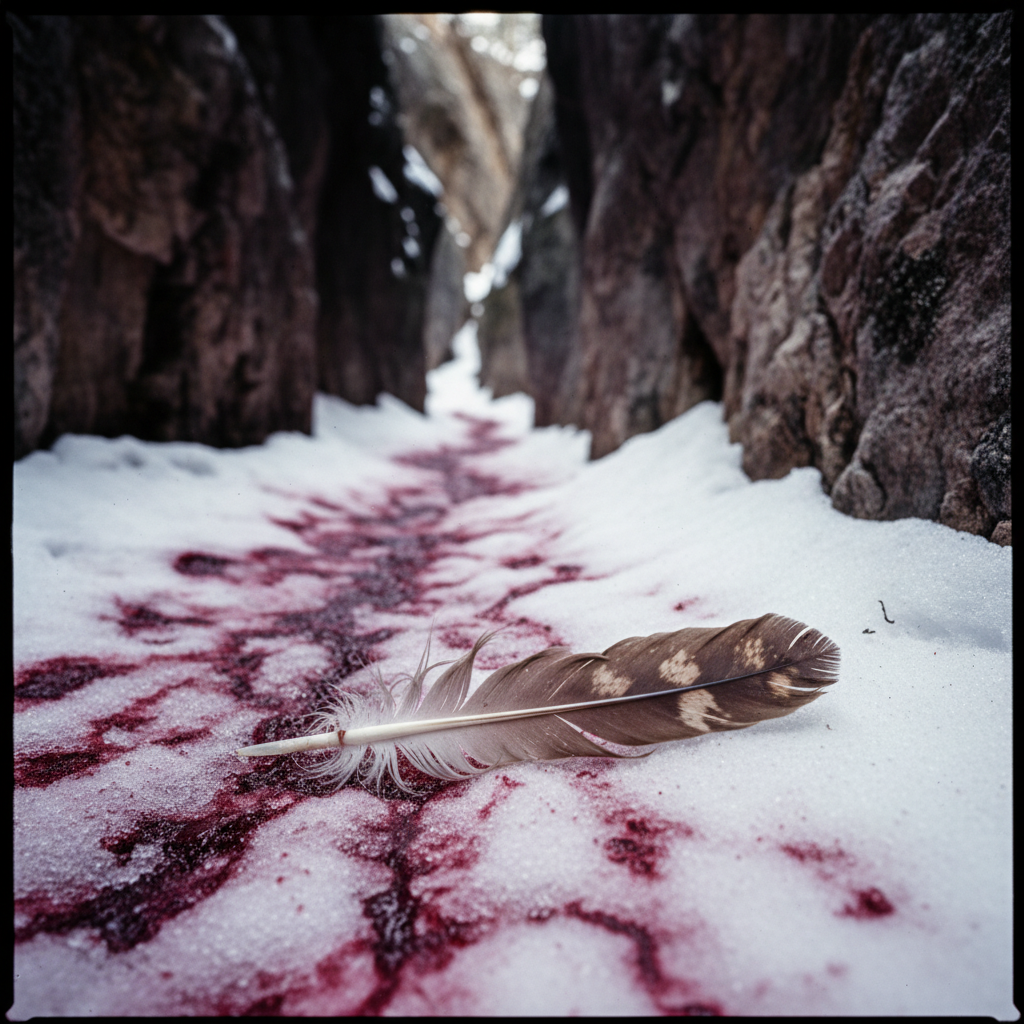 A close-up of the snow in a narrow ravine, stained a deep, bruised crimson, with a single eagle feather discarded in the