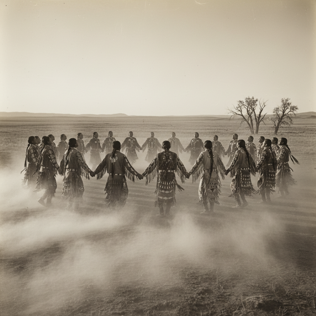 A group of Lakota men and women move in a wide, mesmerizing circle, their hands joined tightly, their faces upturned in 