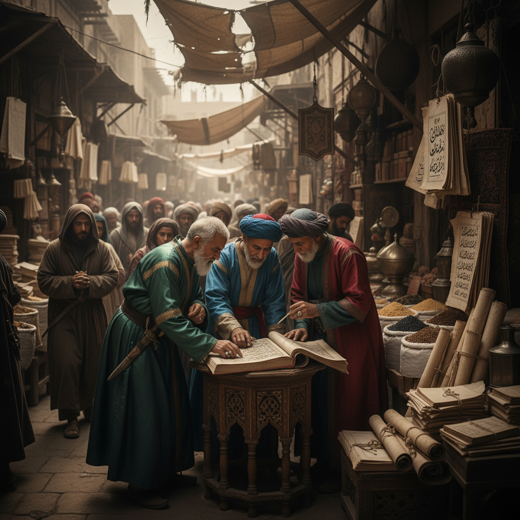 A dense, crowded bazaar in Baghdad, stalls overflowing with stacks of white paper and leather scrolls, scholars in fine 