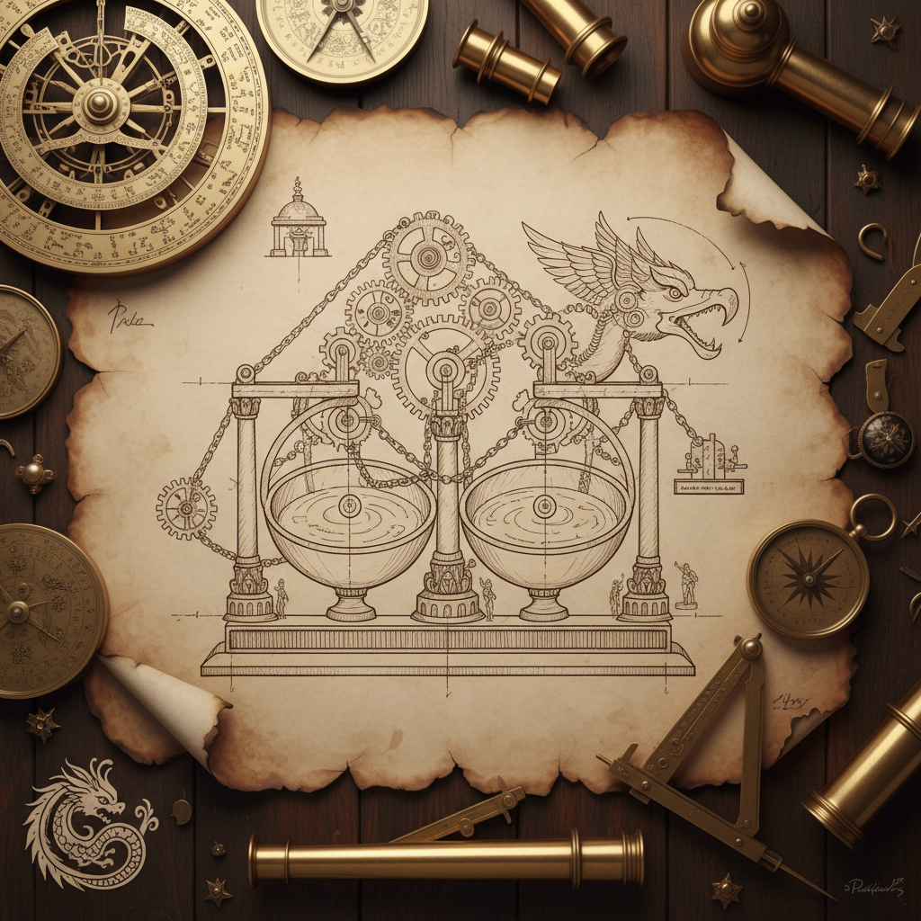 A detailed technical drawing of a 9th-century mechanical device, showing intricate gears and water-clocks on aged, coffe