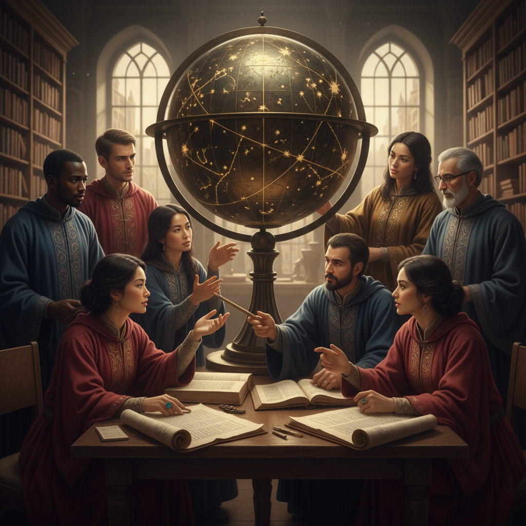 A group of scholars of diverse ethnicities gathered around a massive celestial globe in a sun-drenched library, their ha