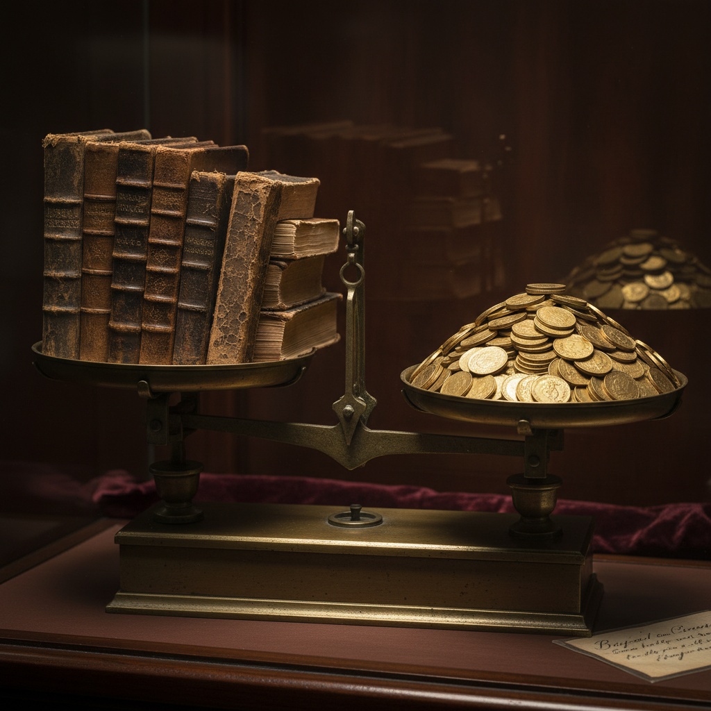 A close-up of a pair of large bronze scales, one side weighted with a stack of ancient, leather-bound books and the othe