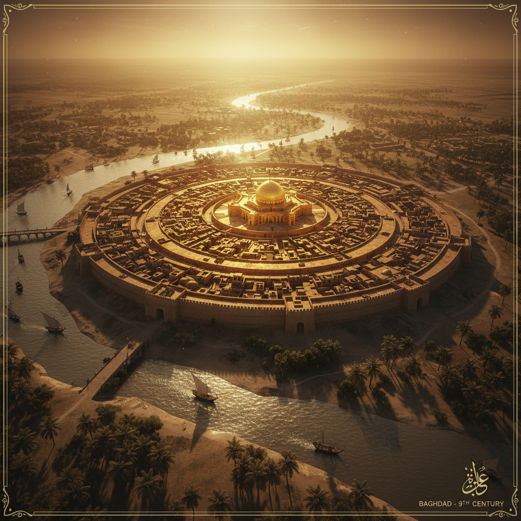 A sprawling, aerial view of 9th-century Baghdad, the Round City glowing gold under a setting sun, the Tigris river snaki