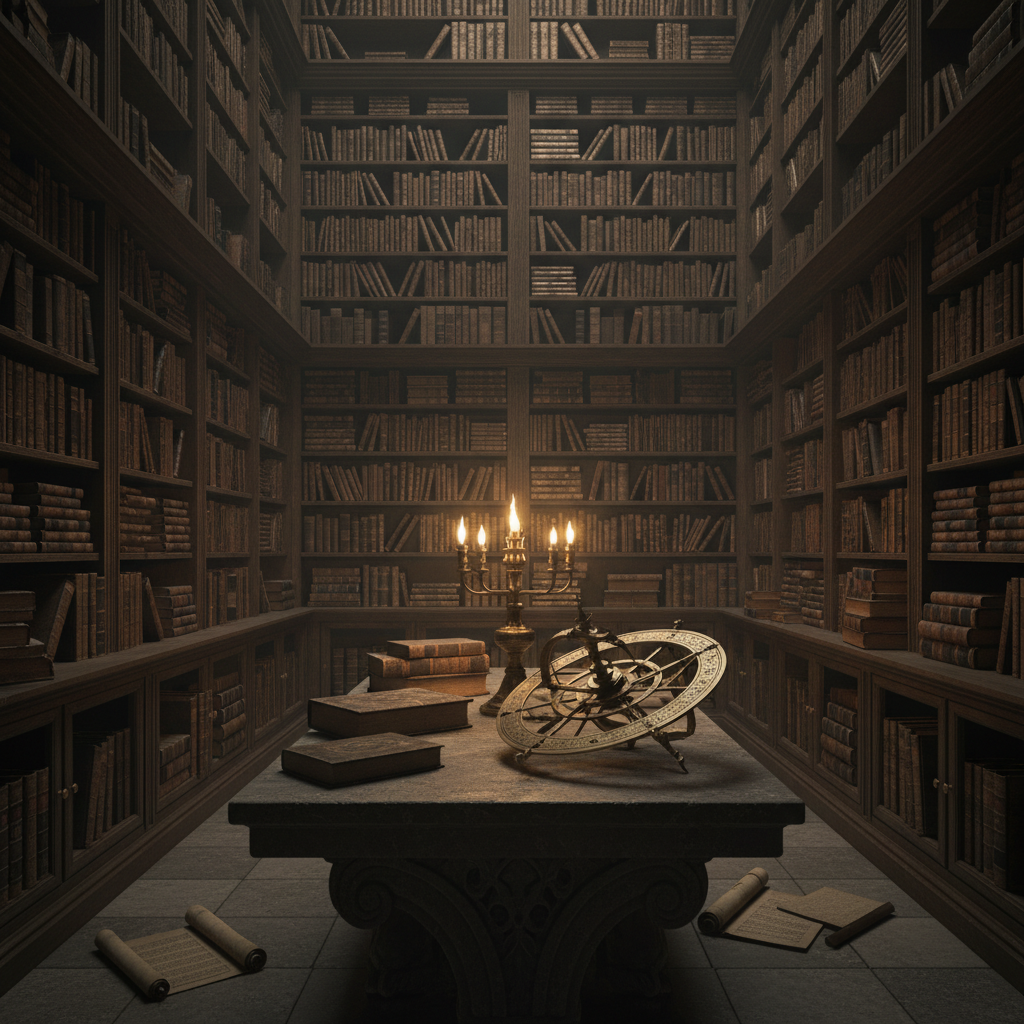 An interior view of the library at Alamut, with scrolls and leather-bound books stacked to the ceiling, illuminated by t